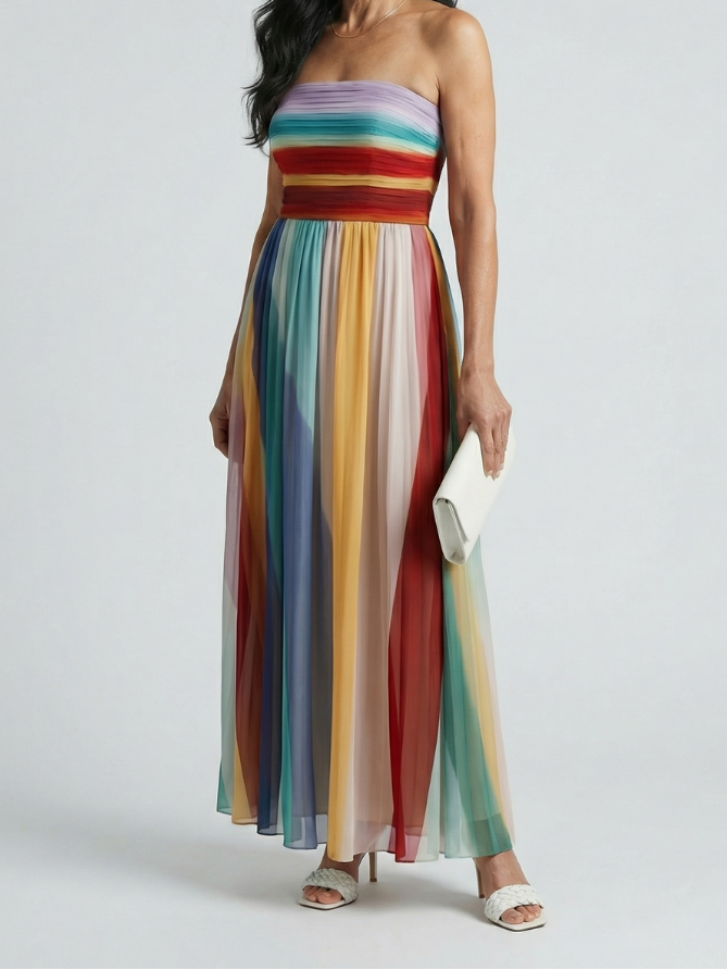 Women's Strapless Stripe Maxi Dress with Softly Pleated Skirt and Lightweight Fabric