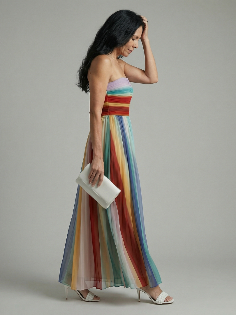 Women's Strapless Stripe Maxi Dress with Softly Pleated Skirt and Lightweight Fabric