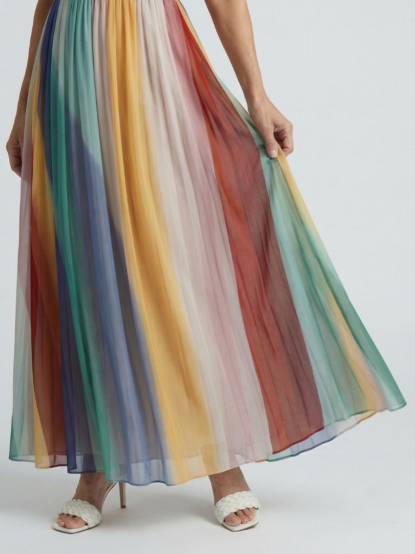 Women's Strapless Stripe Maxi Dress with Softly Pleated Skirt and Lightweight Fabric