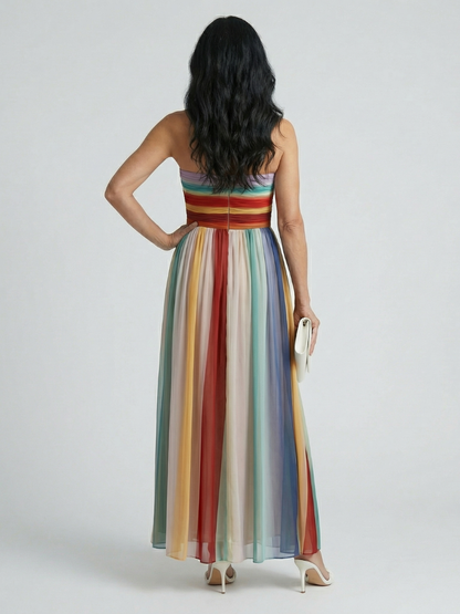 Women's Strapless Stripe Maxi Dress with Softly Pleated Skirt and Lightweight Fabric