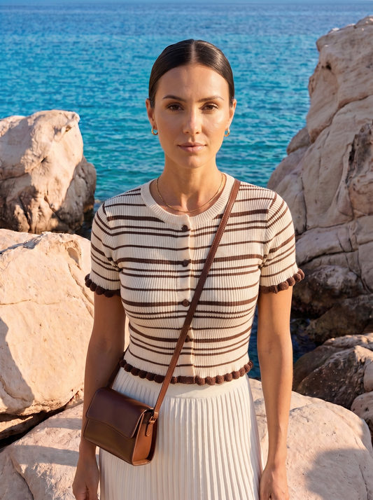 Women's Stripe Knit Top with Pom-Pom Trim at Neckline Cuffs and Hem