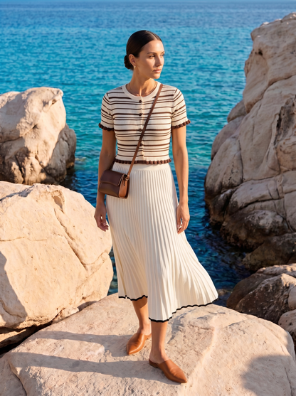 Women's Stripe Knit Top with Pom-Pom Trim at Neckline Cuffs and Hem