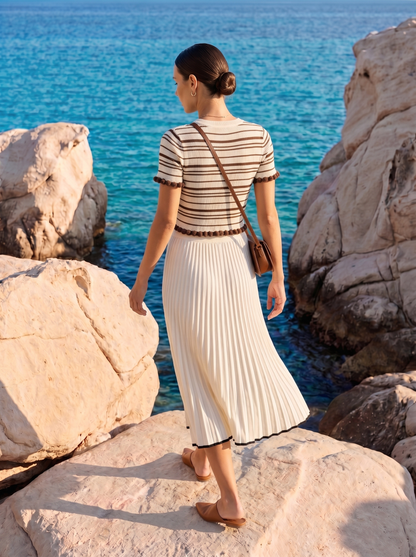 Women's Stripe Knit Top with Pom-Pom Trim at Neckline Cuffs and Hem