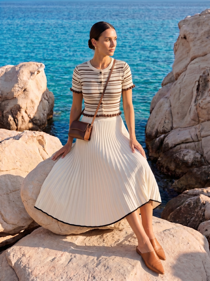 Women's Stripe Knit Top with Pom-Pom Trim at Neckline Cuffs and Hem