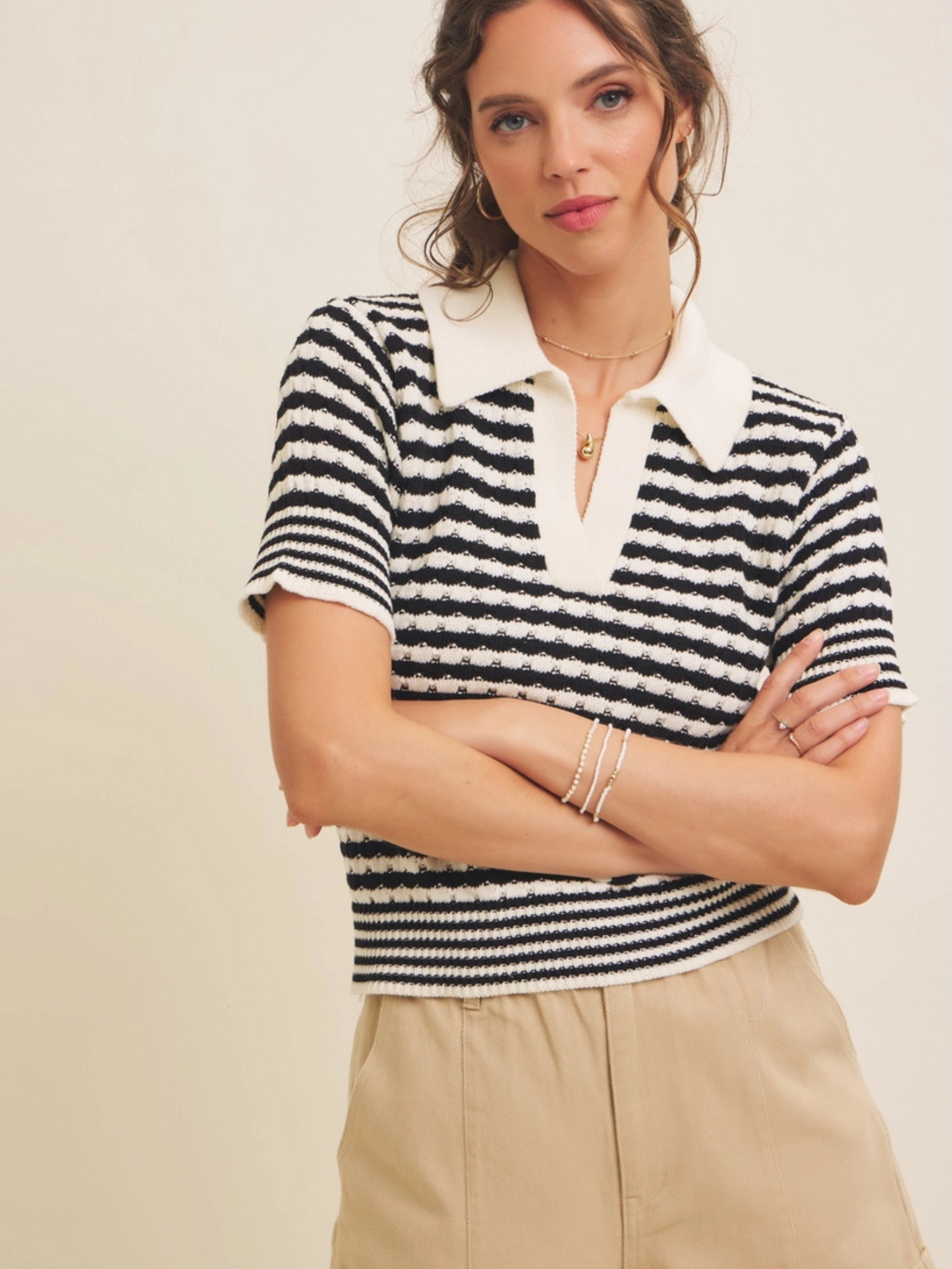 Women's Soft Textured Striped Cotton Polo T-Shirt with Collar and V-Neckline