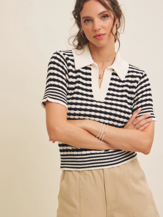Women's Soft Textured Striped Cotton Polo T-Shirt with Collar and V-Neckline