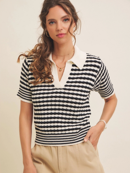 Women's Soft Textured Striped Cotton Polo T-Shirt with Collar and V-Neckline