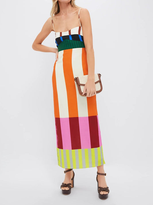 Women's Striped Empire Waist Maxi Dress with Adjustable Thin Straps