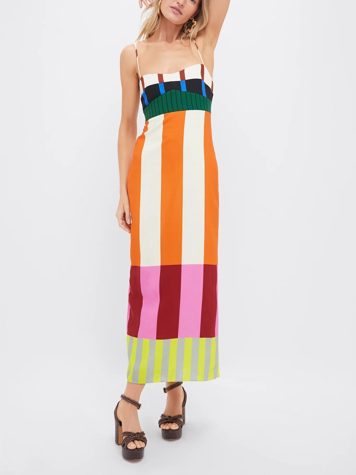 Women's Striped Empire Waist Maxi Dress with Adjustable Thin Straps