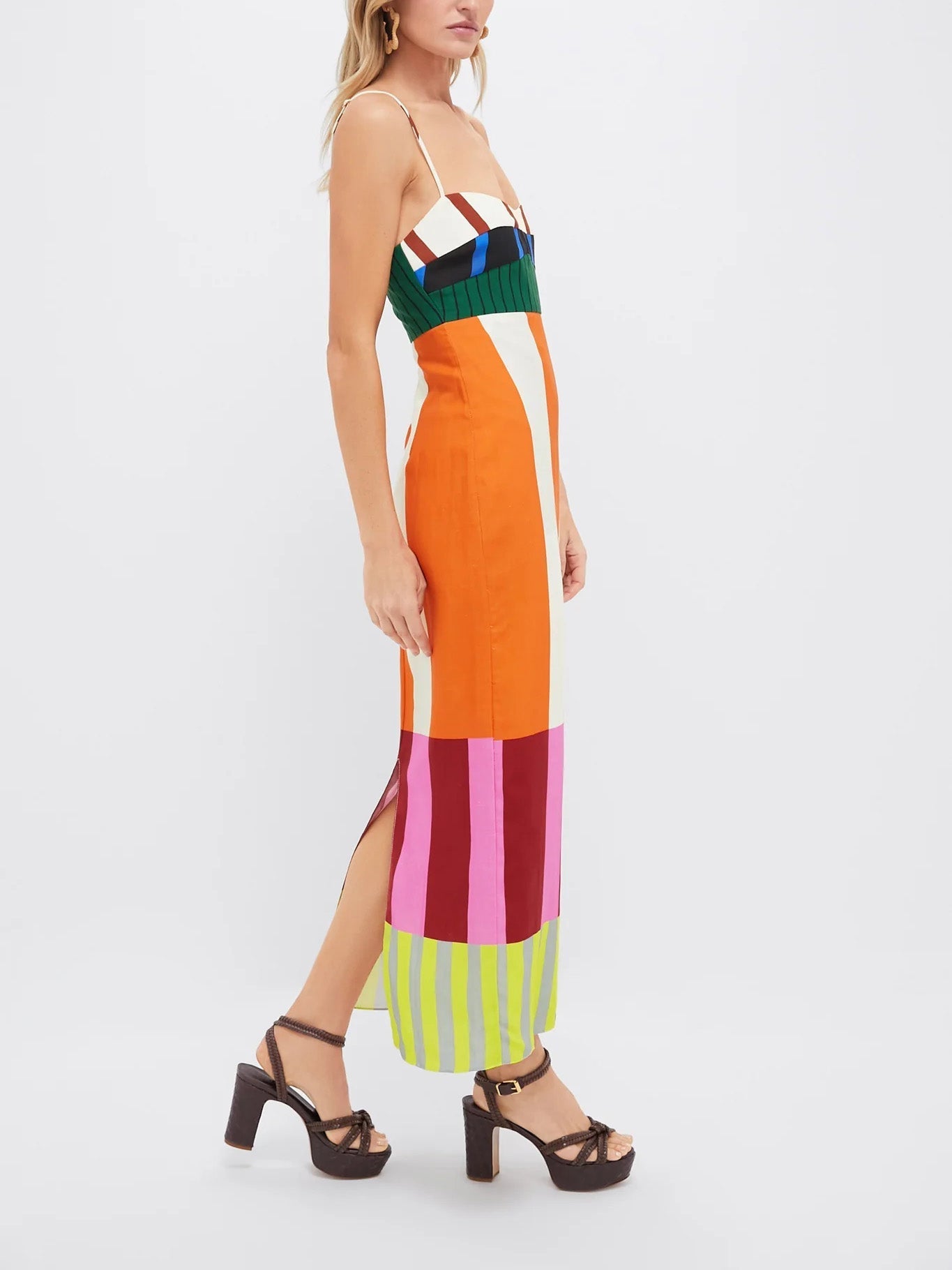 Women's Striped Empire Waist Maxi Dress with Adjustable Thin Straps