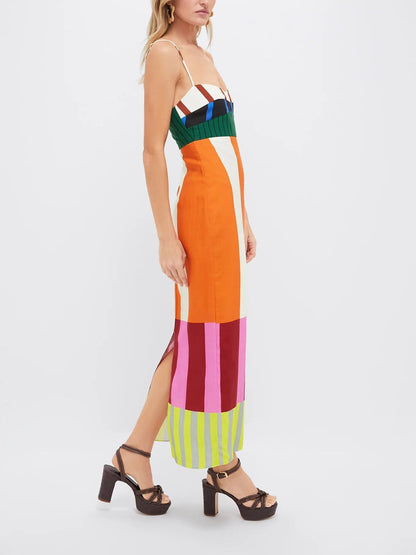 Women's Striped Empire Waist Maxi Dress with Adjustable Thin Straps