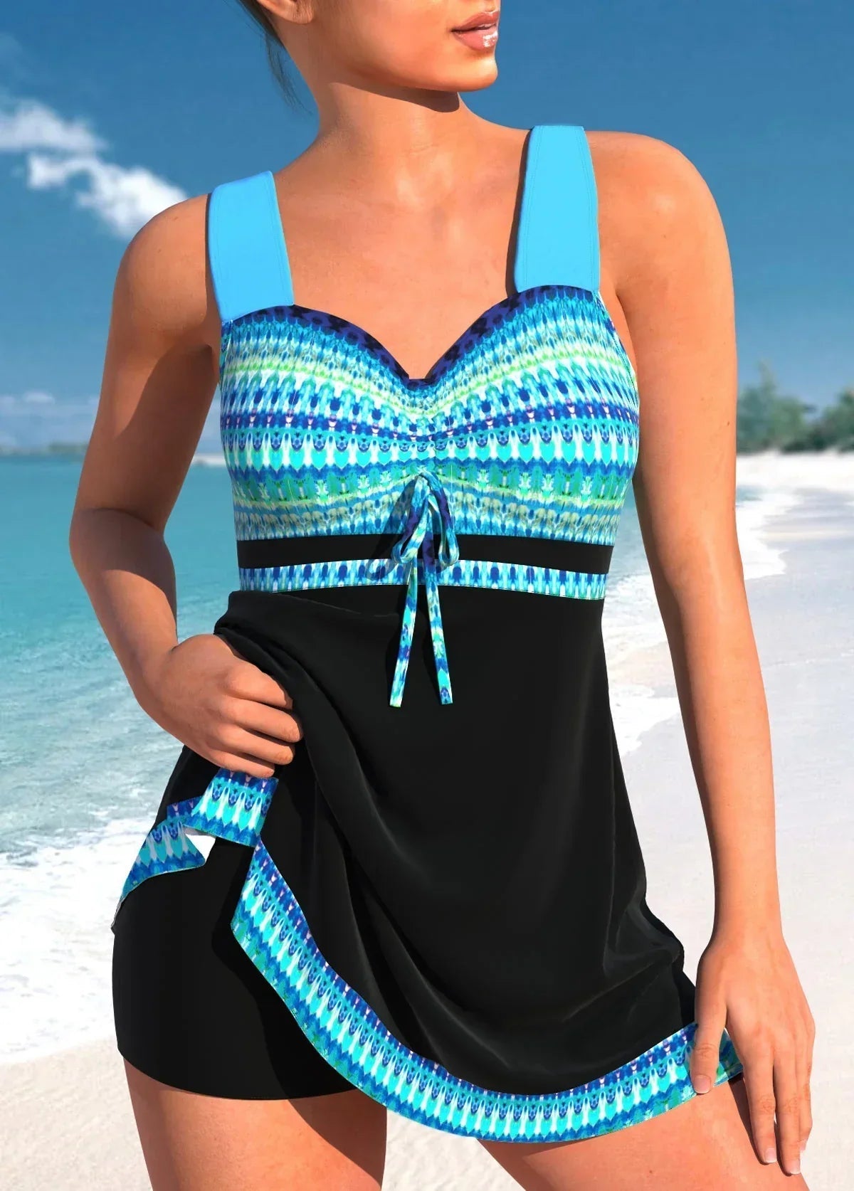 Women's Swimsuit Dress with Wide Straps and Drawstring Waist
