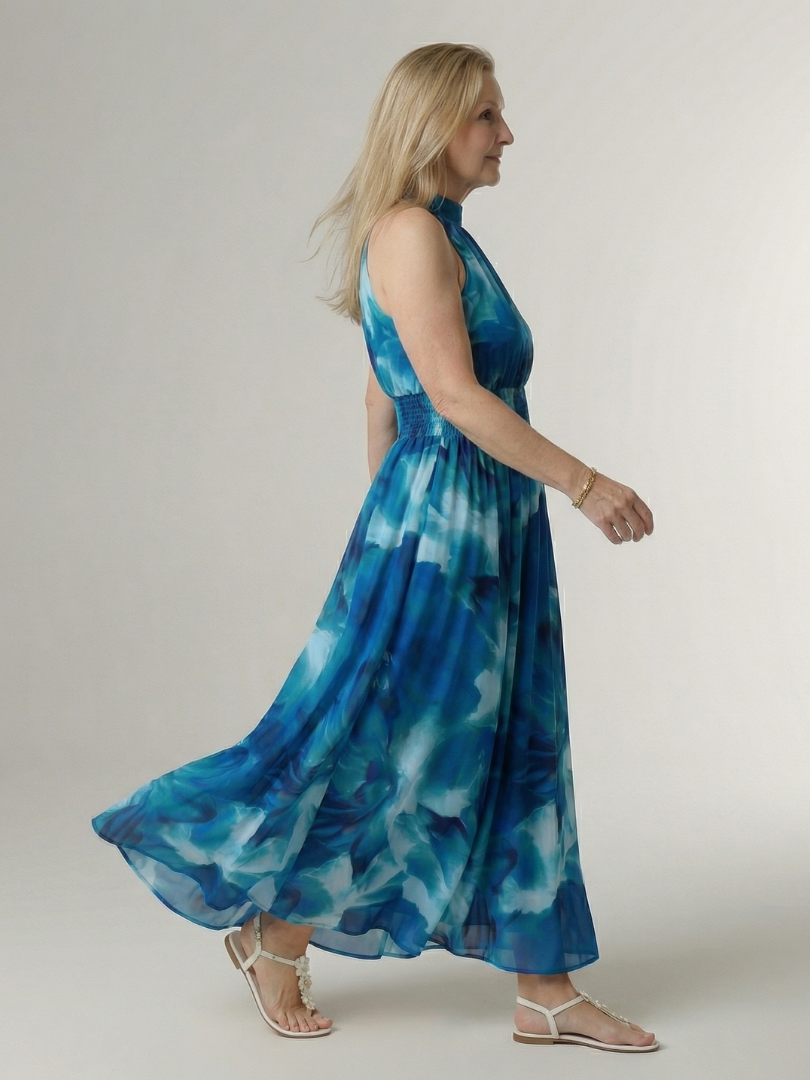 Women's Sleeveless Gathered Halter Midi Dress with Relaxed Fit and Waist Detail