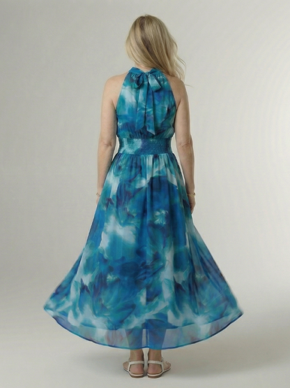 Women's Sleeveless Gathered Halter Midi Dress with Relaxed Fit and Waist Detail
