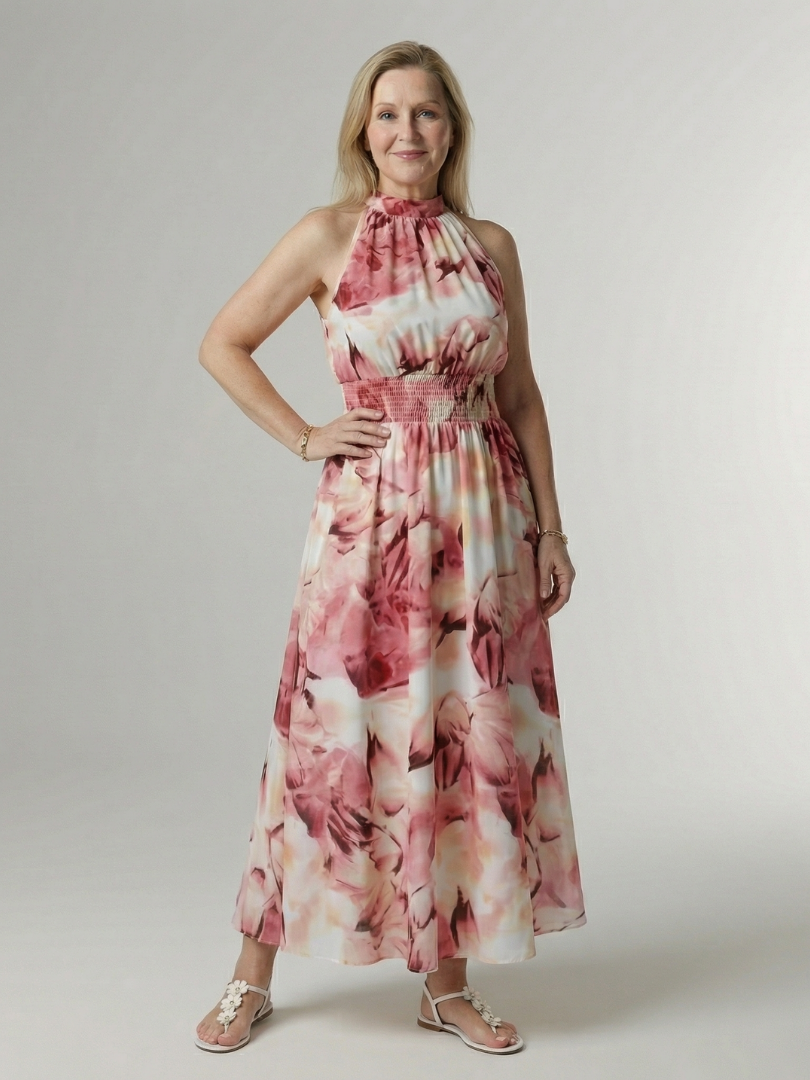 Women's Sleeveless Gathered Halter Midi Dress with Relaxed Fit and Waist Detail