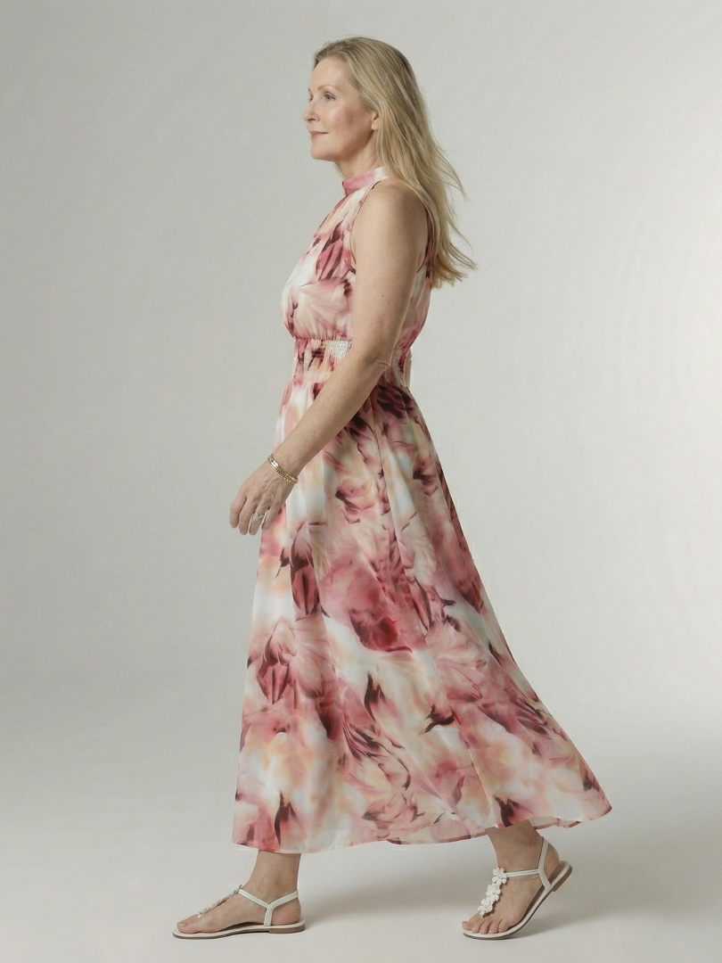 Women's Sleeveless Gathered Halter Midi Dress with Relaxed Fit and Waist Detail