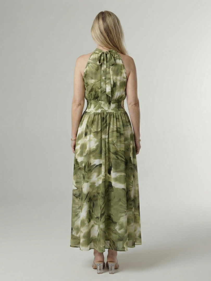 Women's Sleeveless Gathered Halter Midi Dress with Relaxed Fit and Waist Detail
