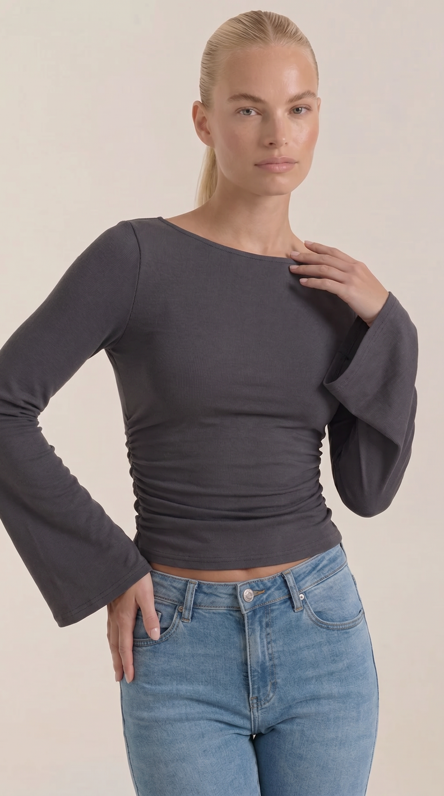 Women's Long Sleeve Top with Flared Balloon Sleeves and Boat Neckline
