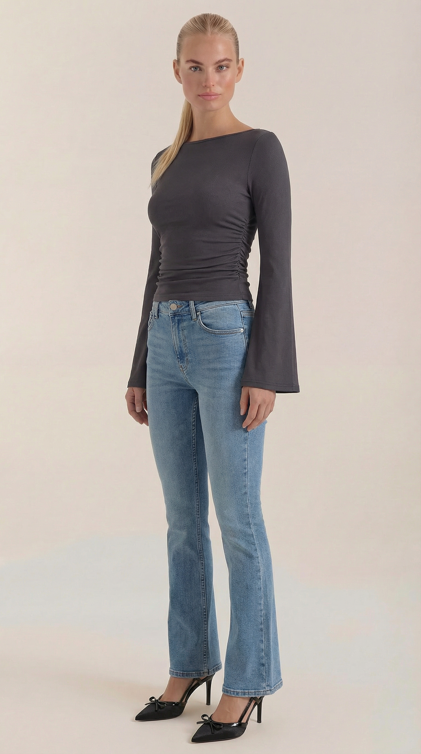 Women's Long Sleeve Top with Flared Balloon Sleeves and Boat Neckline