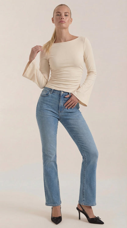 Women's Long Sleeve Top with Flared Balloon Sleeves and Boat Neckline