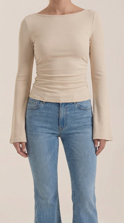 Women's Long Sleeve Top with Flared Balloon Sleeves and Boat Neckline