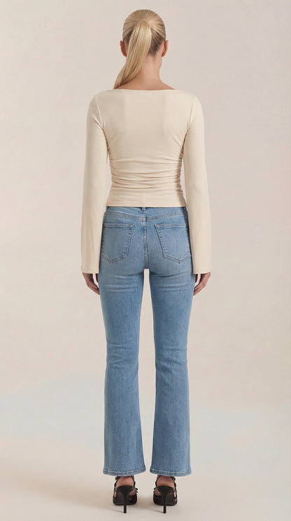 Women's Long Sleeve Top with Flared Balloon Sleeves and Boat Neckline