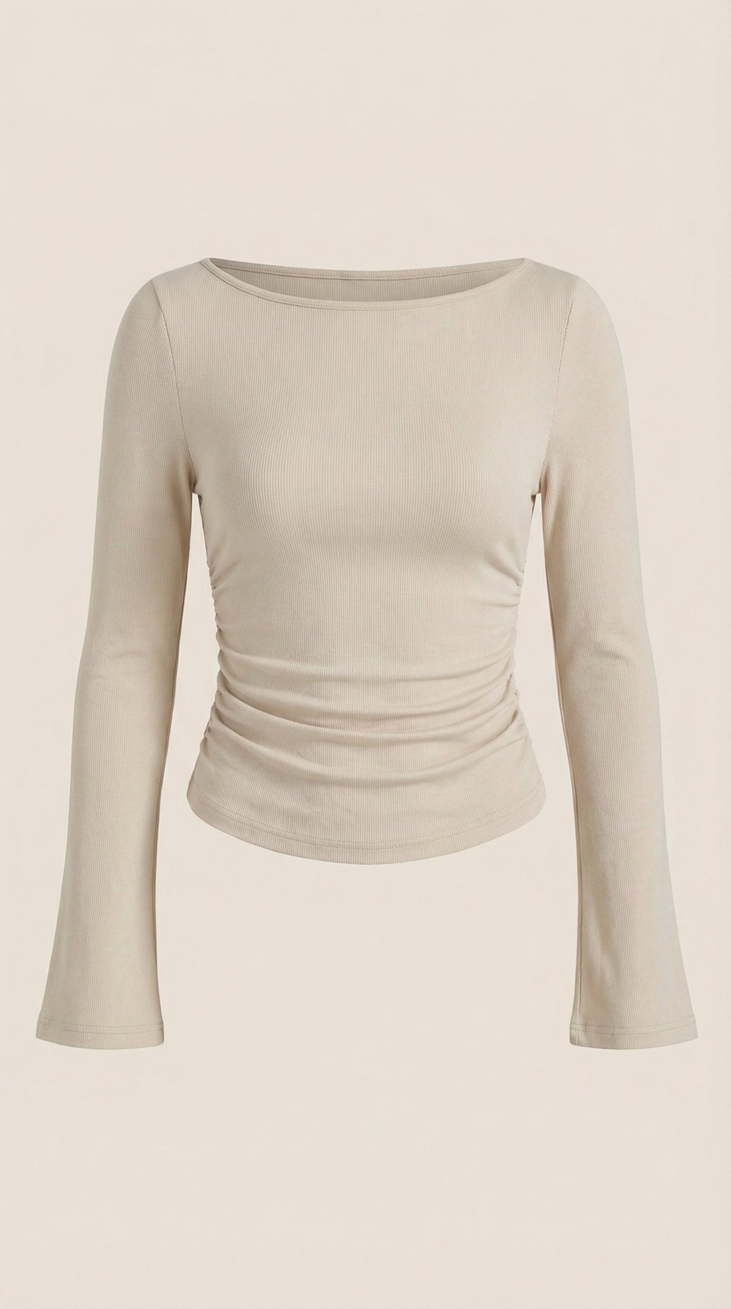 Women's Long Sleeve Top with Flared Balloon Sleeves and Boat Neckline