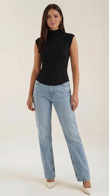 Women's Turtleneck Top in Ribbed Knit with Short Sleeve and Fitted Silhouette
