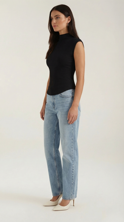 Women's Turtleneck Top in Ribbed Knit with Short Sleeve and Fitted Silhouette