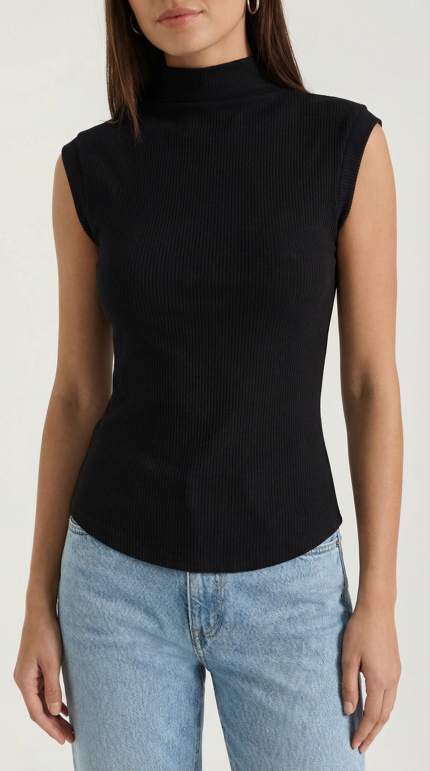 Women's Turtleneck Top in Ribbed Knit with Short Sleeve and Fitted Silhouette