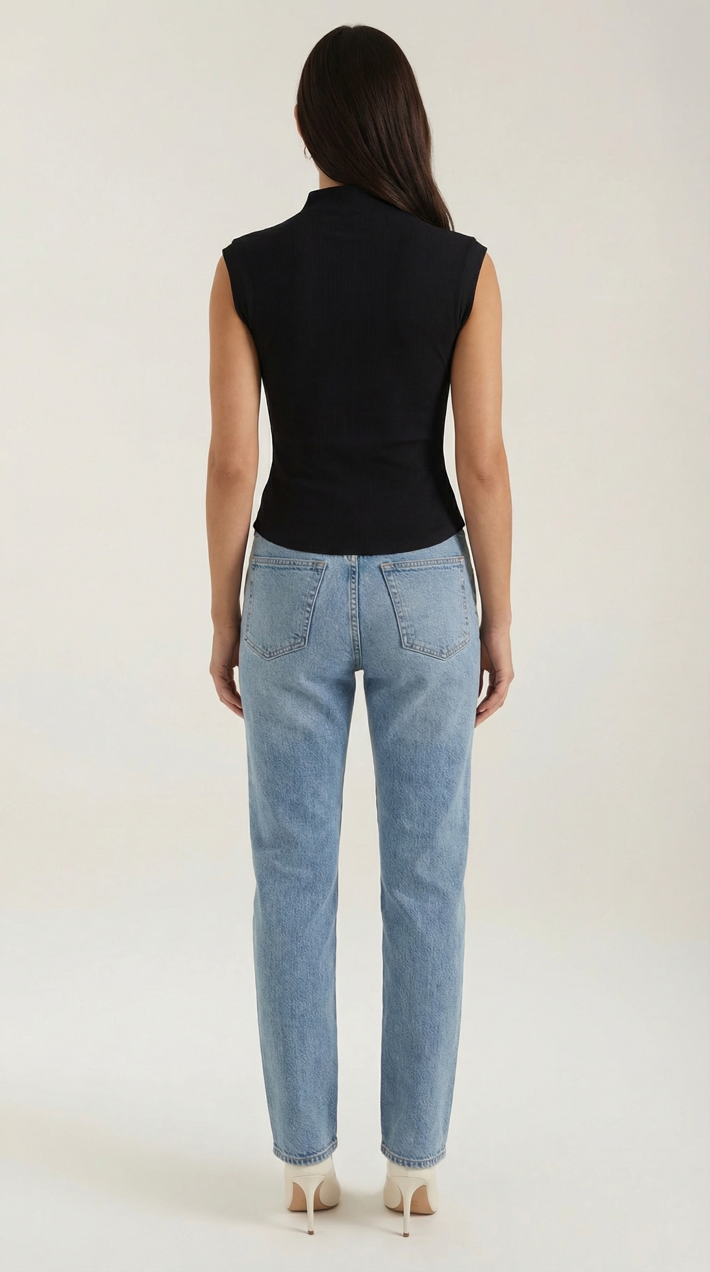 Women's Turtleneck Top in Ribbed Knit with Short Sleeve and Fitted Silhouette