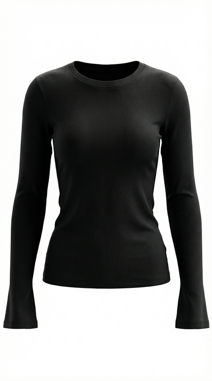 Women's Long Sleeve Ribbed T-Shirt with Round Neckline and Fitted Silhouette