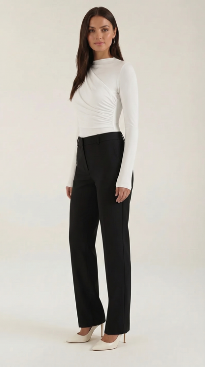 Women's Long Sleeve Top with Slim Mock Neck and Side Drape Detail