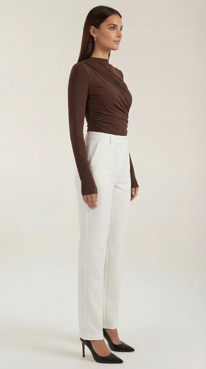 Women's Long Sleeve Top with Slim Mock Neck and Side Drape Detail