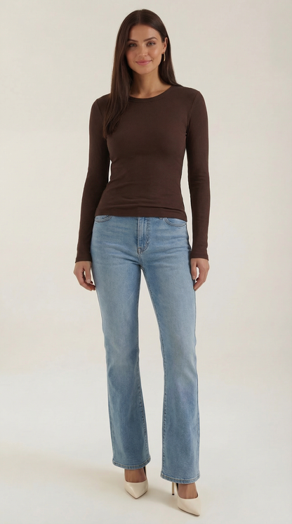 Women's Long Sleeve Ribbed T-Shirt with Round Neckline and Fitted Silhouette