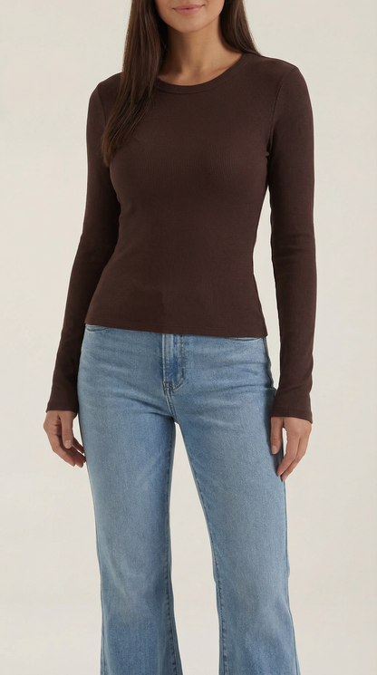 Women's Long Sleeve Ribbed T-Shirt with Round Neckline and Fitted Silhouette