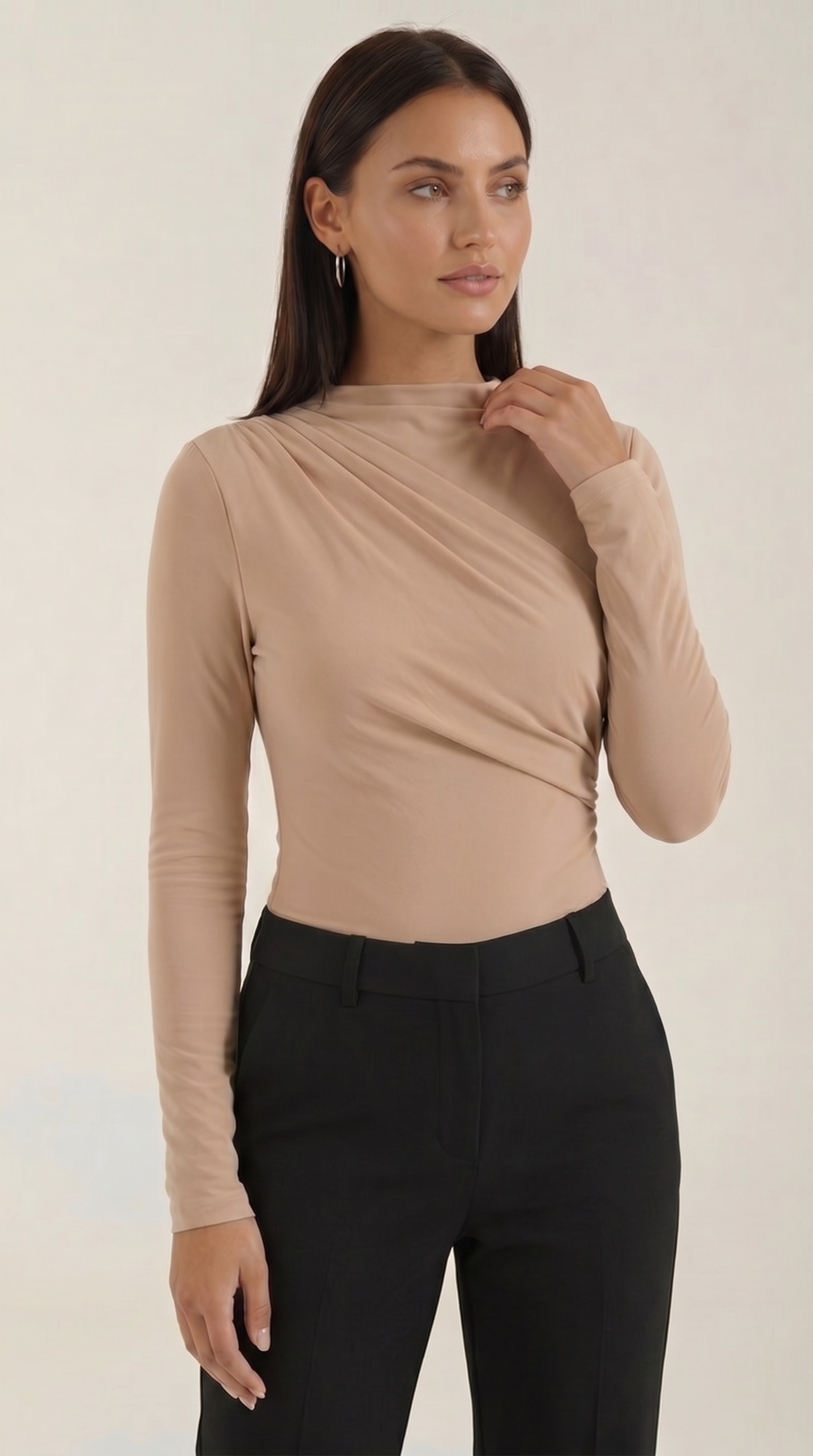 Women's Long Sleeve Top with Slim Mock Neck and Side Drape Detail