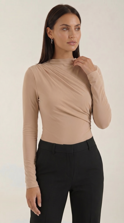 Women's Long Sleeve Top with Slim Mock Neck and Side Drape Detail