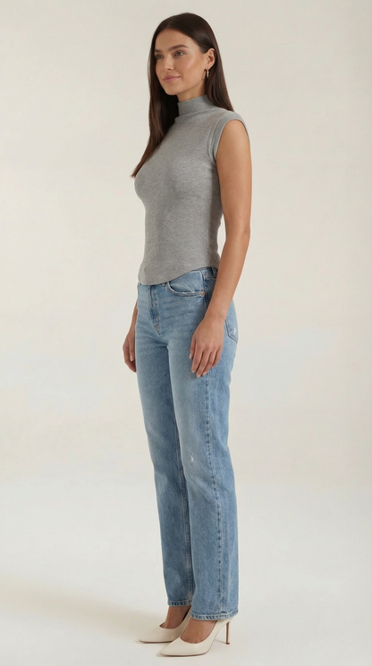 Women's Turtleneck Top in Ribbed Knit with Short Sleeve and Fitted Silhouette