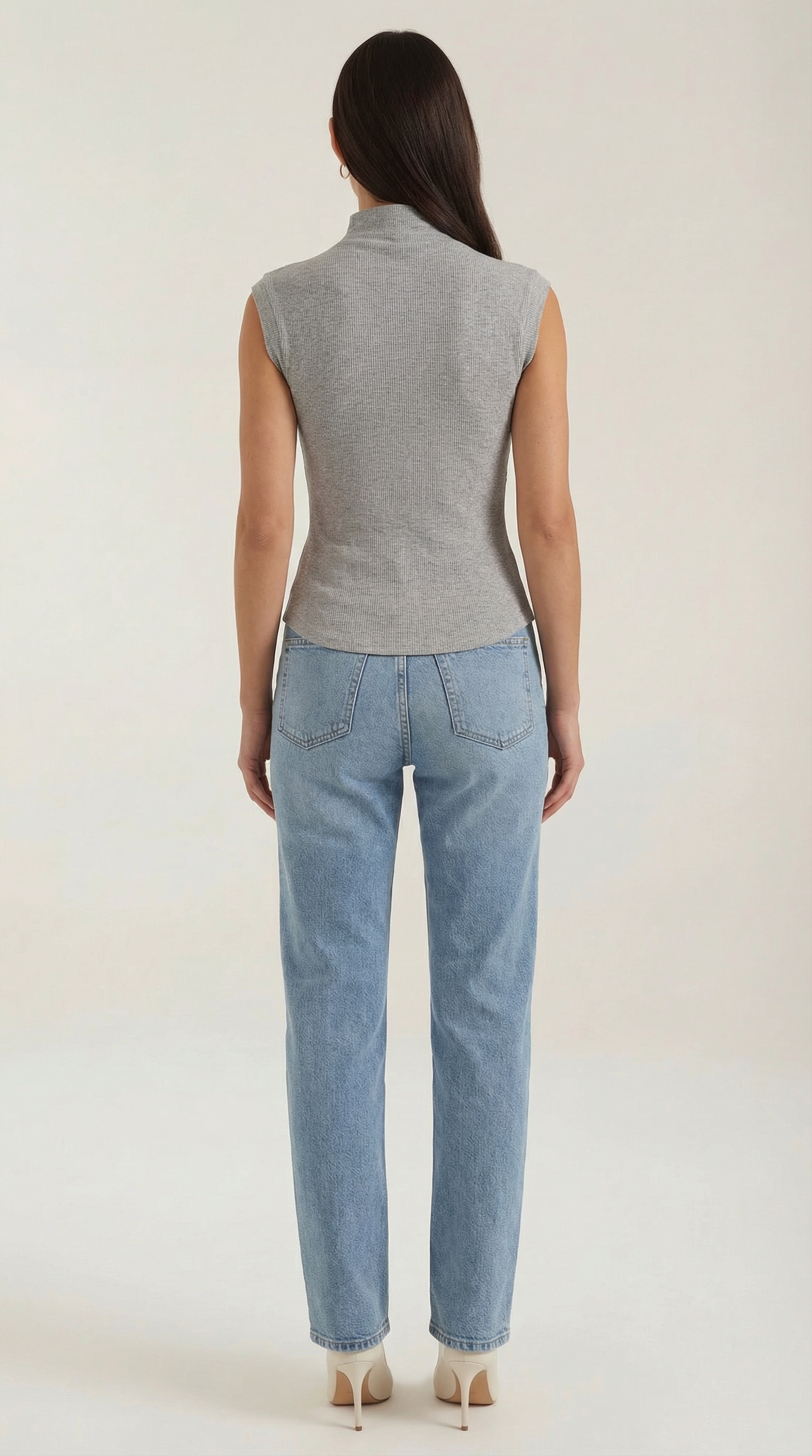 Women's Turtleneck Top in Ribbed Knit with Short Sleeve and Fitted Silhouette
