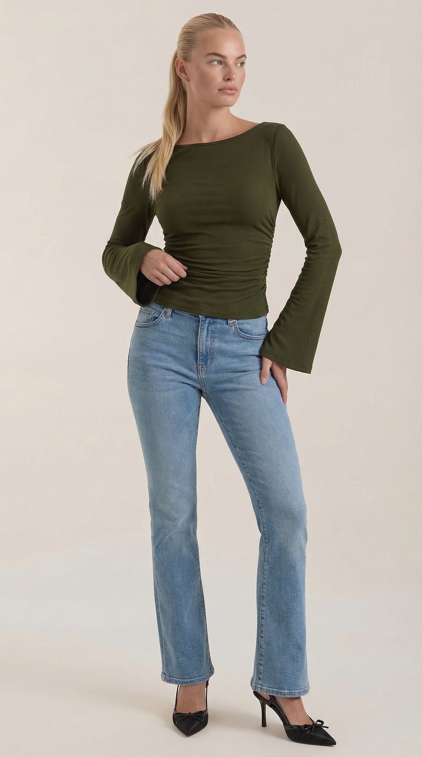 Women's Long Sleeve Top with Flared Balloon Sleeves and Boat Neckline