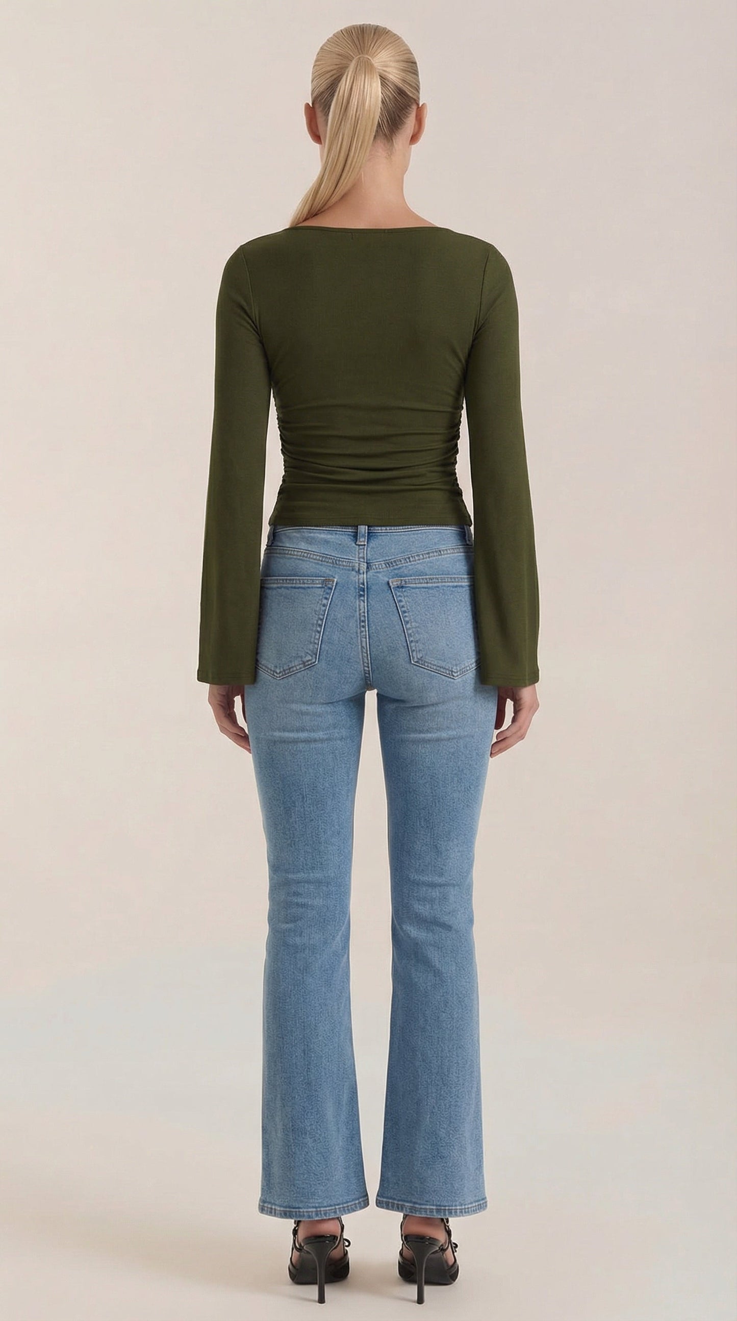 Women's Long Sleeve Top with Flared Balloon Sleeves and Boat Neckline