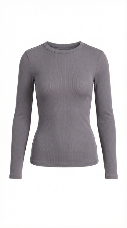 Women's Long Sleeve Ribbed T-Shirt with Round Neckline and Fitted Silhouette