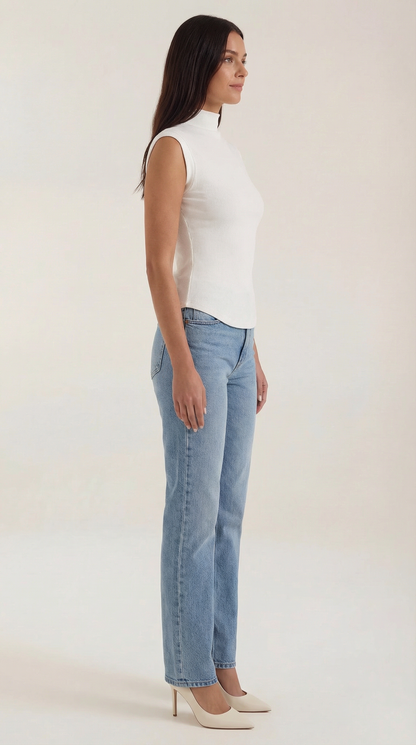 Women's Turtleneck Top in Ribbed Knit with Short Sleeve and Fitted Silhouette