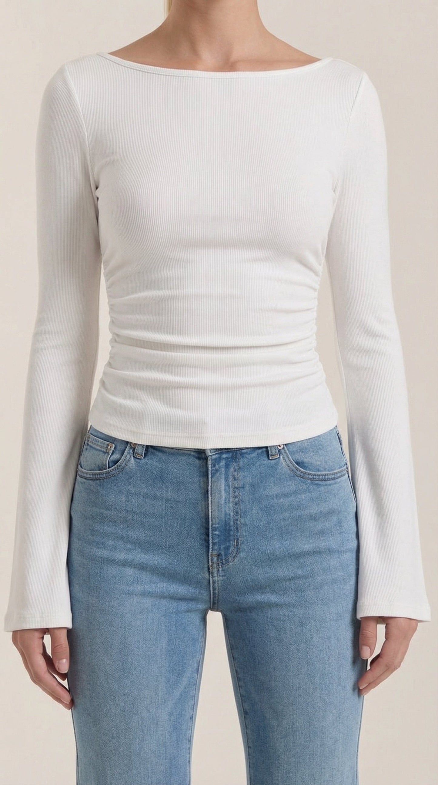 Women's Long Sleeve Top with Flared Balloon Sleeves and Boat Neckline