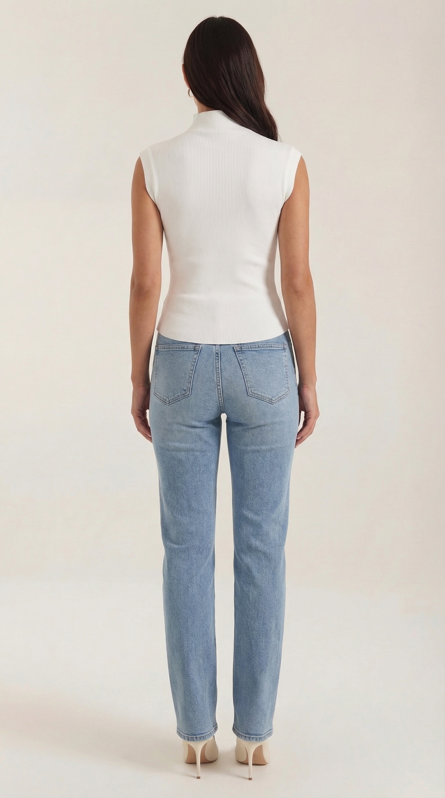 Women's Turtleneck Top in Ribbed Knit with Short Sleeve and Fitted Silhouette