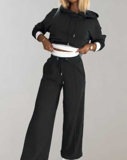 Women's Two Piece Tracksuit Set with Cropped Hoodie and Wide Leg Trousers