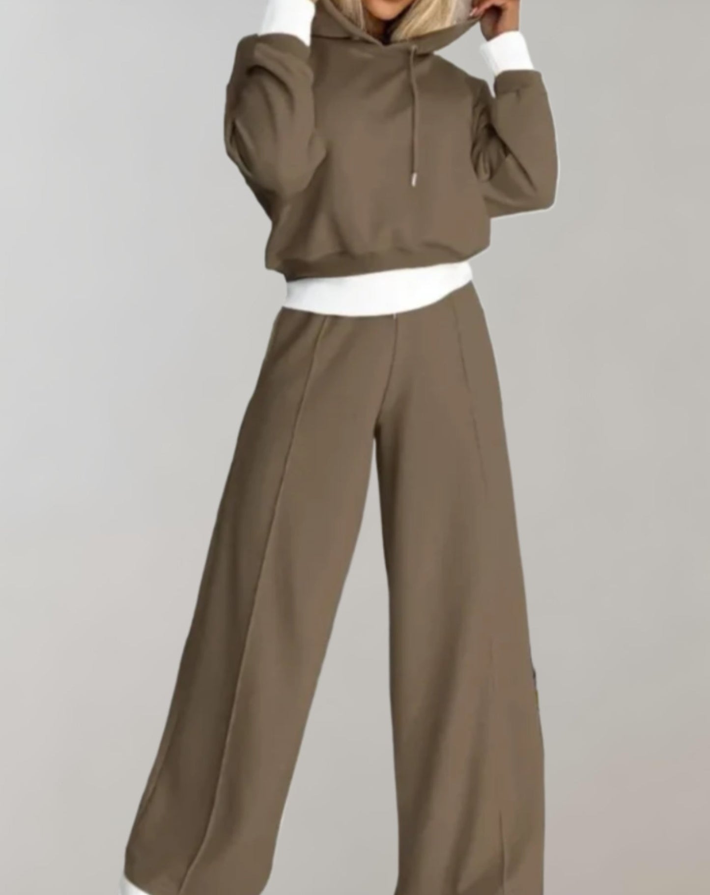 Women's Two Piece Tracksuit Set with Cropped Hoodie and Wide Leg Trousers