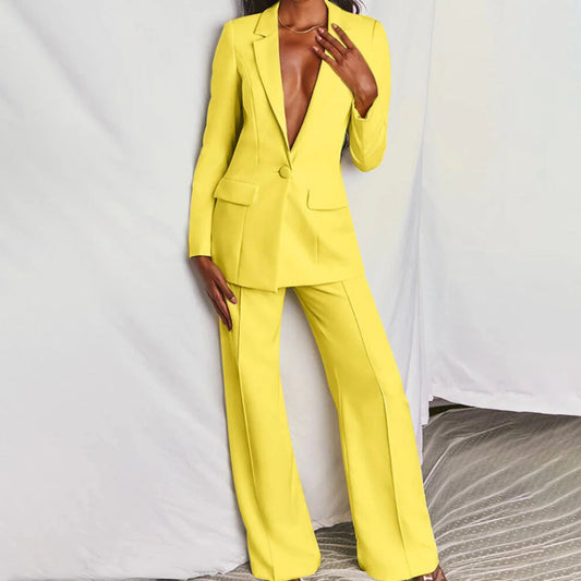 Women's Trouser Suit with Longline Blazer and Tailored Wide-Leg Trousers
