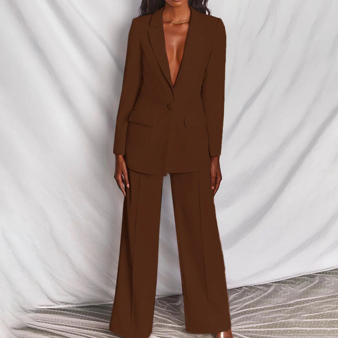 Women's Trouser Suit with Longline Blazer and Tailored Wide-Leg Trousers